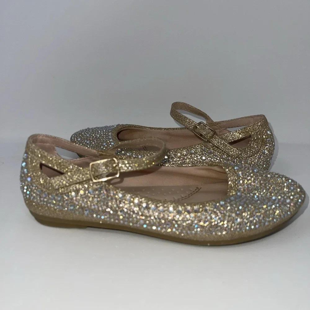 Girls Size 1 Gold Rhinestone‎ Encrusted Glittery Mary Jane Flat Dress Shoes